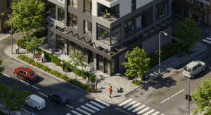 Representación de una zona residencial con tránsito