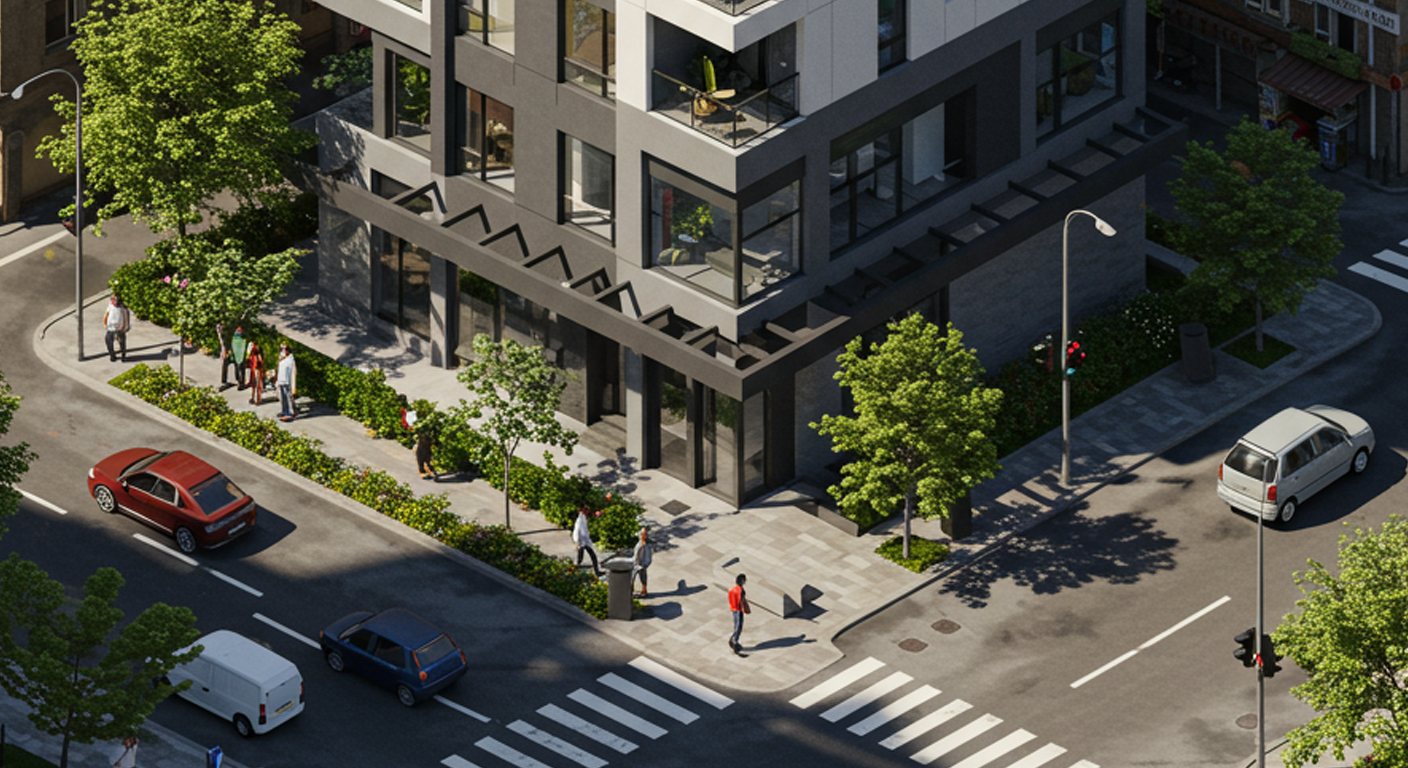 Representación de una zona residencial con tránsito